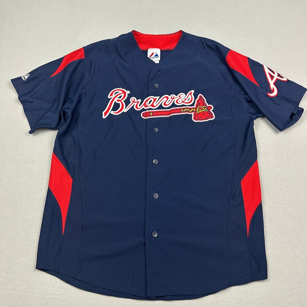 Atlanta Braves Jersey Men Extra Large Navy Blue Majestic Baseball Button Up XL